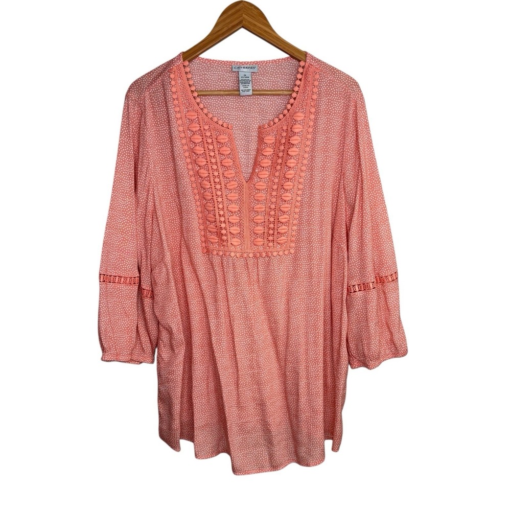 Catherines Womens Top 2X Coral Crochet Boho Shabby Chic Coquette Preppy
